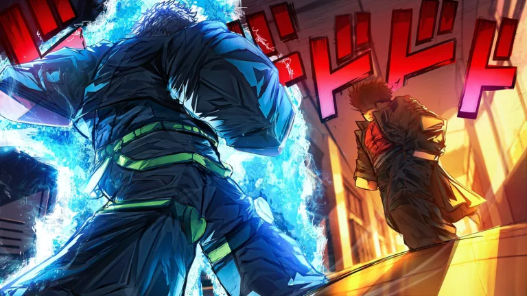 Stand battle scene from Morioh High with blue energy effects