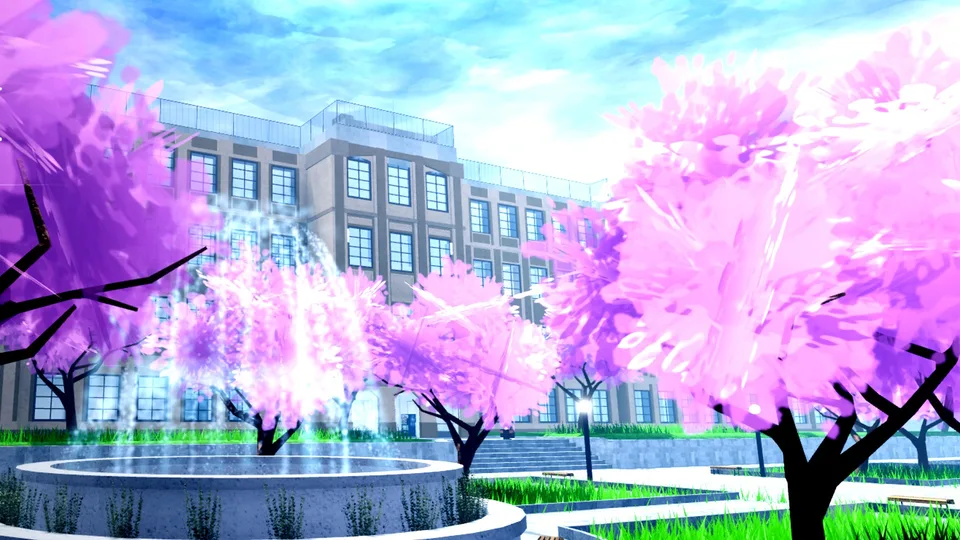 Cherry blossom trees and the school building on the Morioh High campus